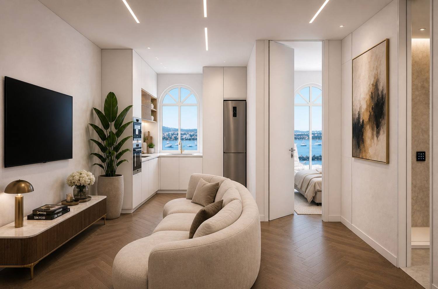 Living room with marina glimpse