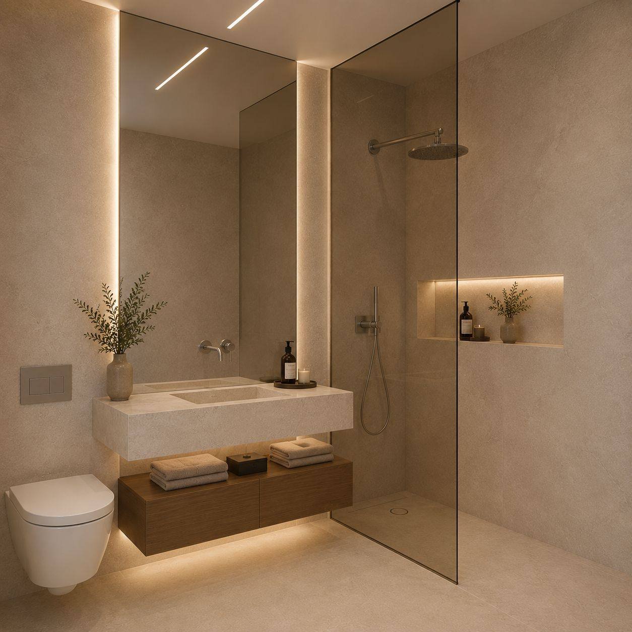Bathroom, backlit mirror and floating vanity